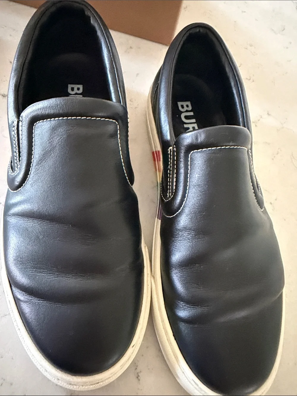 Burberry Black Leather Slip-On Sneakers with Rainbow Stripe
